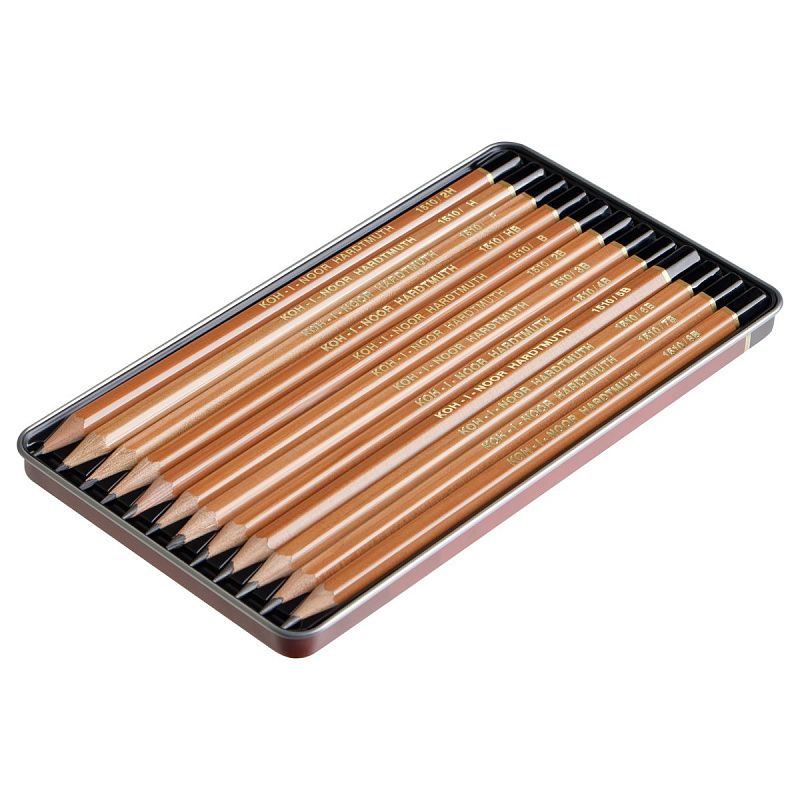 Набор карандашей ч/г Koh-I-Noor "1512" 12шт., 8B-2H, металл. пенал, с неокрашенным корпусом 