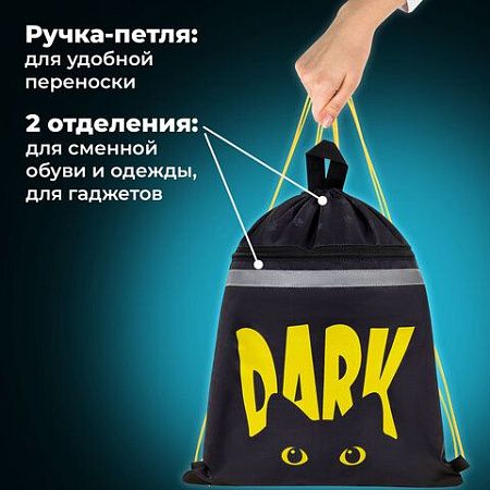 Мешок для обуви BRAUBERG, с петлей, светоотражающая полоса, 2 отделения, 46х36 см, Dark cat, 272394 