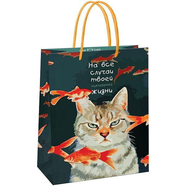 Пакет подарочный 11*14*6,5см MESHU "Moody cat",  глянцевая ламинация