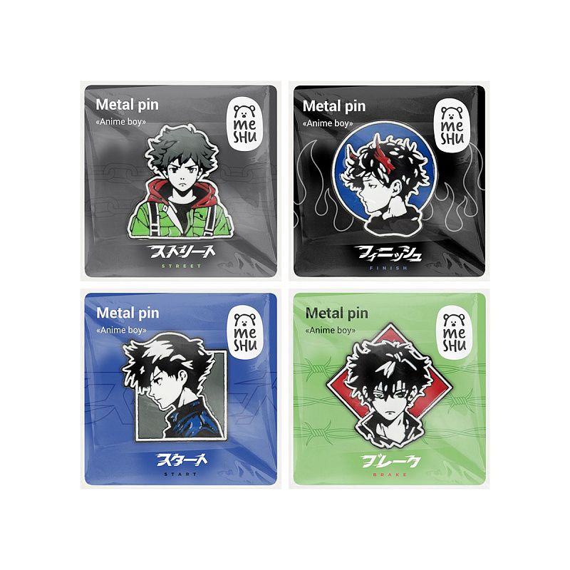 Набор металлических значков MESHU "Anime boys", эмаль, 4шт, картонная подложка, европодвес