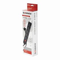 Сетевой фильтр SONNEN U-3515, 5 розеток, с заземлением, выключатель, 10 А, 5 м, черный, 513490