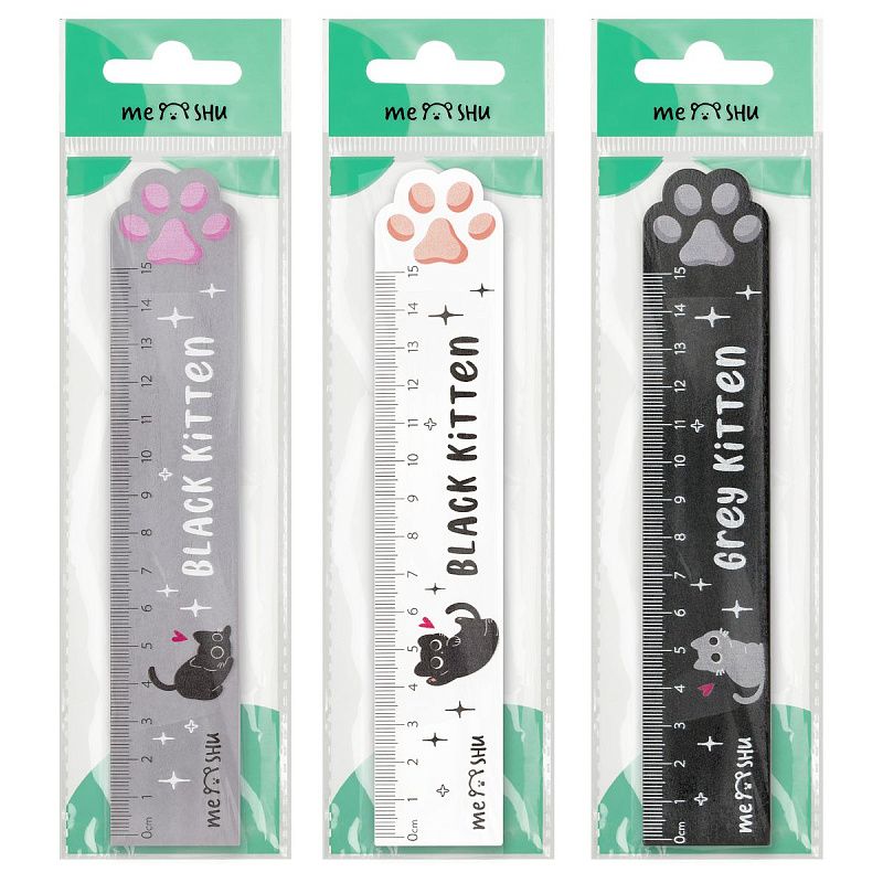 Линейка 15см MESHU "Paw", деревянная,  ассорти, европодвес 