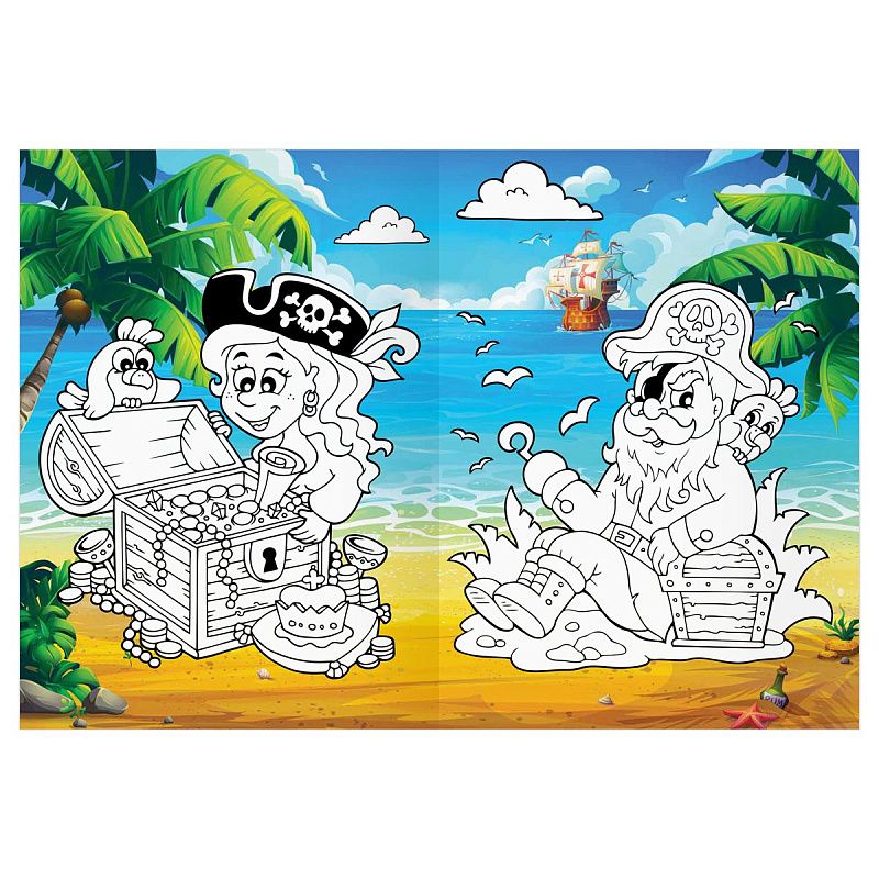 Раскраска с цв. фоном А4, 16 стр., ТРИ СОВЫ "Остров сокровищ"