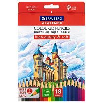 Карандаши цветные мягкие BRAUBERG АКАДЕМИЯ, 18 цветов, шестигранные, грифель 3 мм, 181865