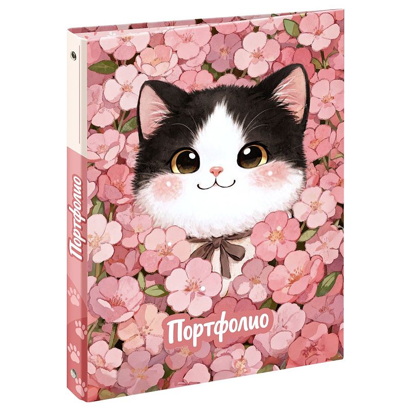 Папка-портфолио 7БЦ А4 BG, на 4 кольцах, для школьницы "Котёнок в цветах", 20 файлов 
