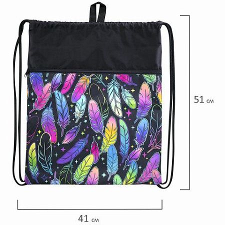 Мешок для обуви BRAUBERG БОЛЬШОЙ, с ручкой, карман на молнии, сетка, 49х41 см, "Feathers", 271057 