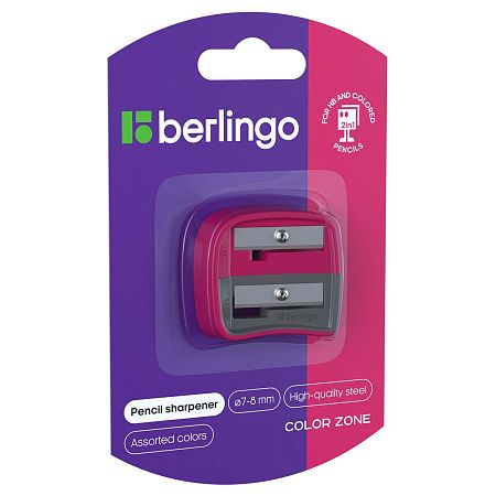 Точилка пластиковая Berlingo "Color Zone Duo", 2 отверстия, для цветных и ч/г карандашей, блистер, ассорти 