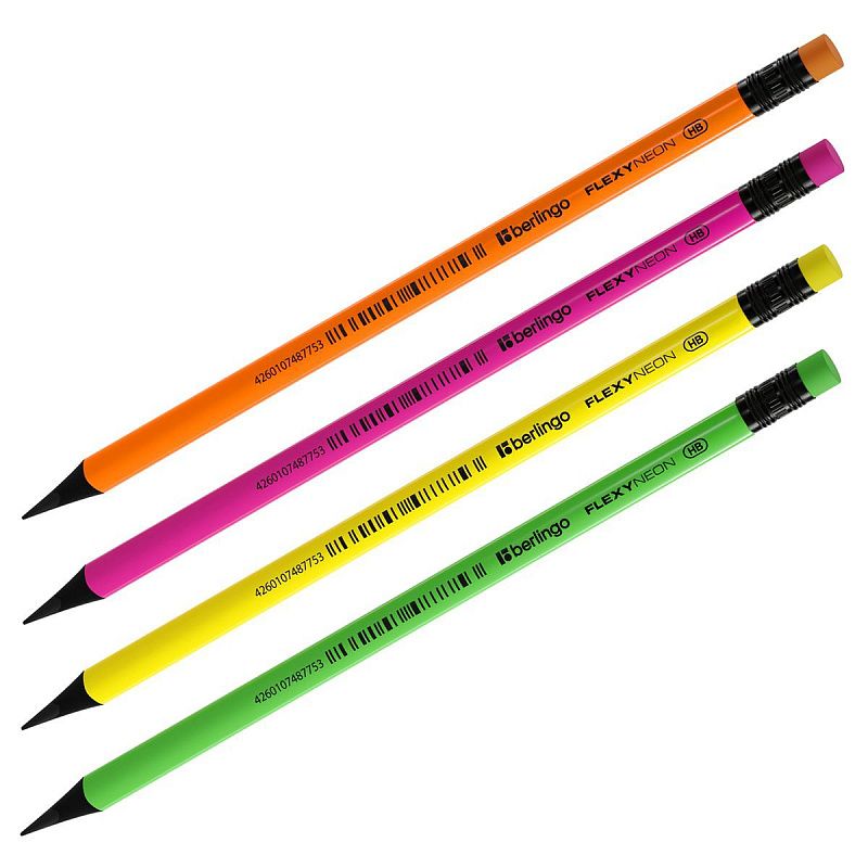 Карандаш ч/г Berlingo "Flexy Neon" HB, с ластиком, заточен., пластиковый, ассорти