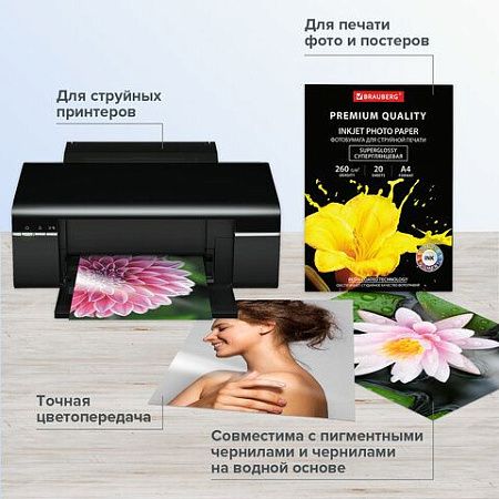 Фотобумага PREMIUM суперглянцевая, А4, 260 г/м2, односторонняя, 20 листов, BRAUBERG, 364004