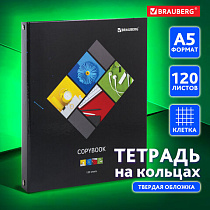 Тетрадь на кольцах А5 (165х215 мм), 120 листов, твердый картон, клетка, BRAUBERG, Микс, 403277