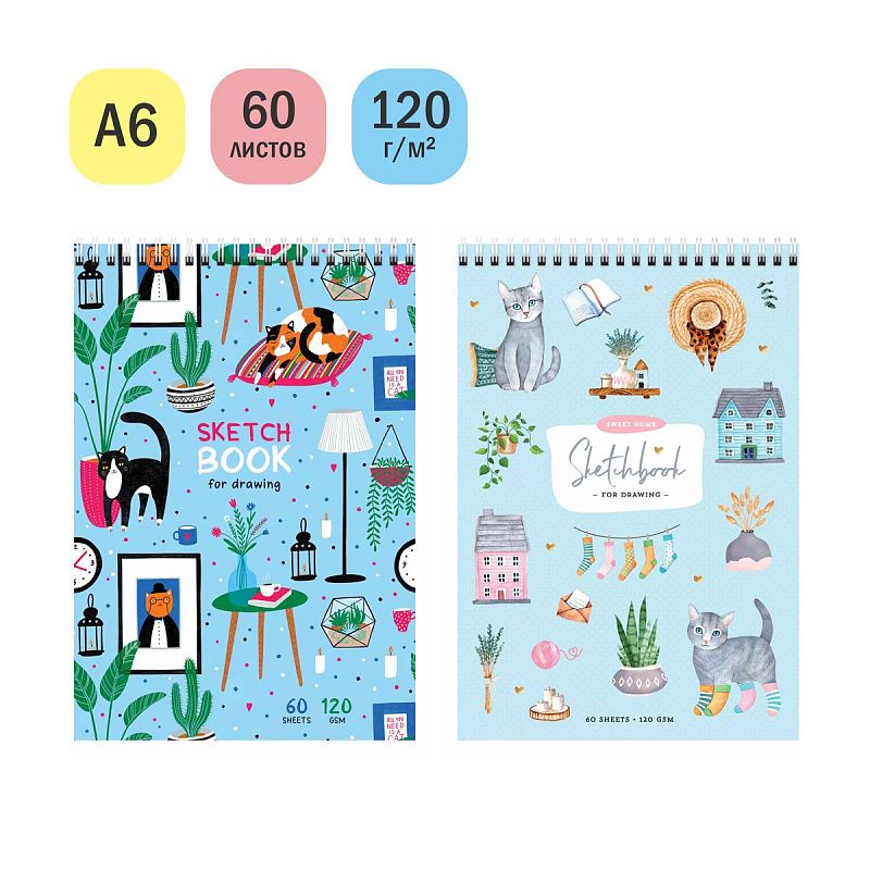 Скетчбук 60л., А6 ArtSpace "Cats", на гребне, 120г/м2