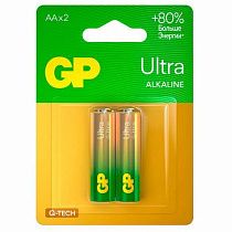 Батарейки КОМПЛЕКТ 2 шт., GP Ultra G-Tech, AA (LR6,15А), алкалиновые, пальчиковые, 15AUA21-2CRSBC2