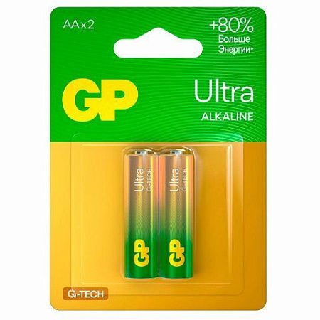 Батарейки КОМПЛЕКТ 2 шт., GP Ultra G-Tech, AA (LR6,15А), алкалиновые, пальчиковые, 15AUA21-2CRSBC2