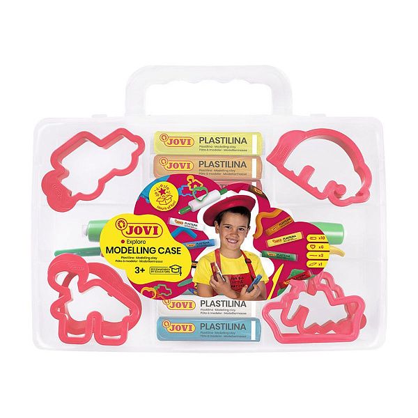 Пластилин JOVI, 08 цветов, 200г, растительный, формочки, стеки, скалка, в чемодане