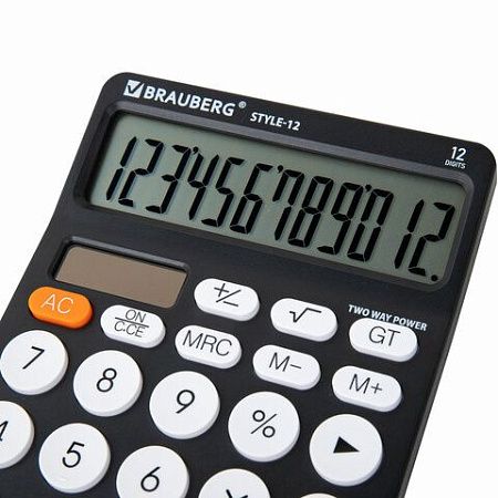 Калькулятор настольный BRAUBERG STYLE-12-BK (157х106мм), 12 разрядов, двойное питание, ЧЕРНЫЙ, 272965