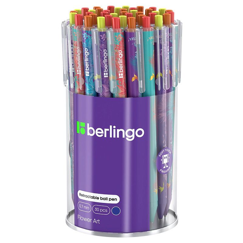 Ручка шариковая автоматическая Berlingo "Flower Art" синяя, 0,7мм, рисунок на корпусе, soft touch, ассорти 