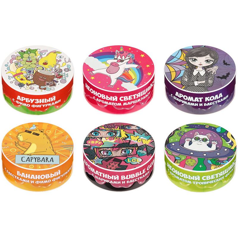 Набор слаймов макси ТРИ СОВЫ Slime boom "Трендовый микс", 250мл, 6шт., 6 видов с наполнителями, картонный шоу-бокс