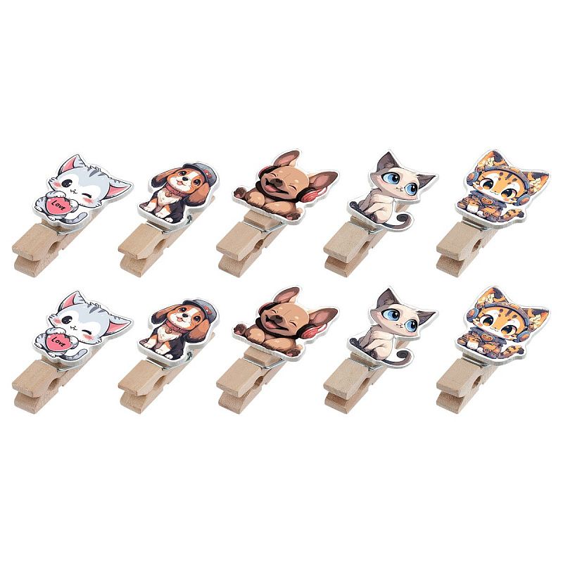 Зажимы для бумаг 7мм, MESHU "Cute pets", 10шт.,  деревянные, ассорти, опп пакет с европодвесом, веревка в комплекте
