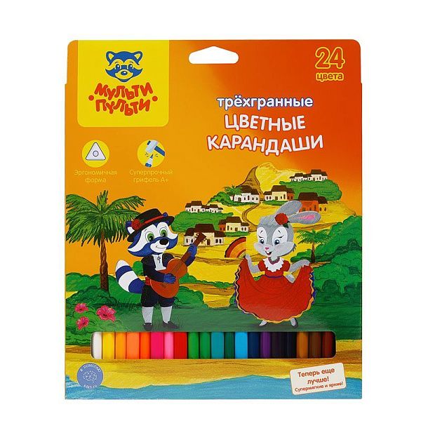 Карандаши цветные Мульти-Пульти "Енот в Испании", 24цв., трехгран., заточен., картон, европодвес
