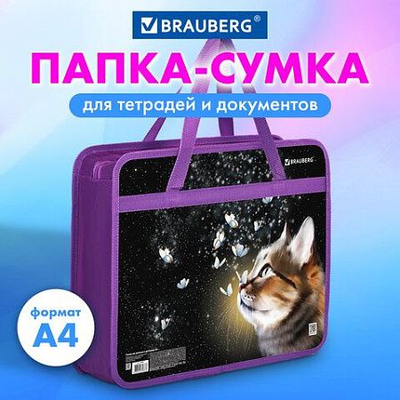 Папка на молнии с ручками BRAUBERG А4, 1 отделение, пластик, 80 мм, "Dream cat", 270868 
