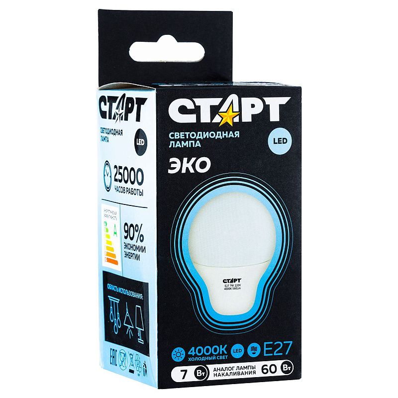Лампа светодиодная Старт LED, серия "WS" 7W40, тип А "груша", E27, 4000К, нейтральный свет, 25000ч