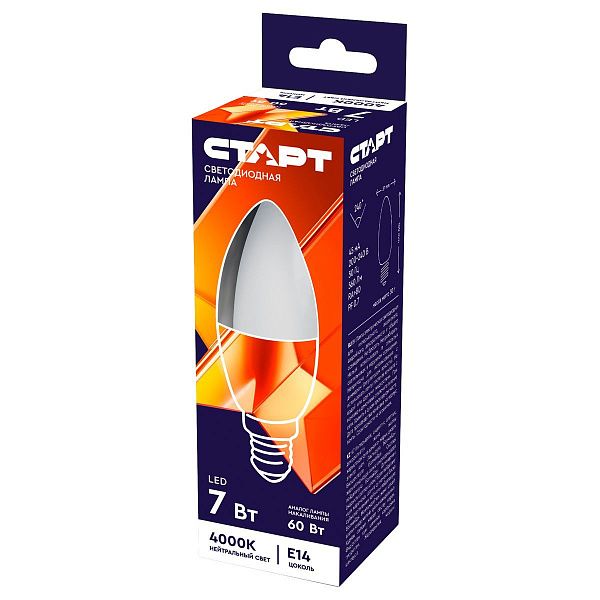Лампа светодиодная Старт LED, серия "WS" 7W40, тип С "свеча", E14, 4000К, нейтральный свет, 25000ч