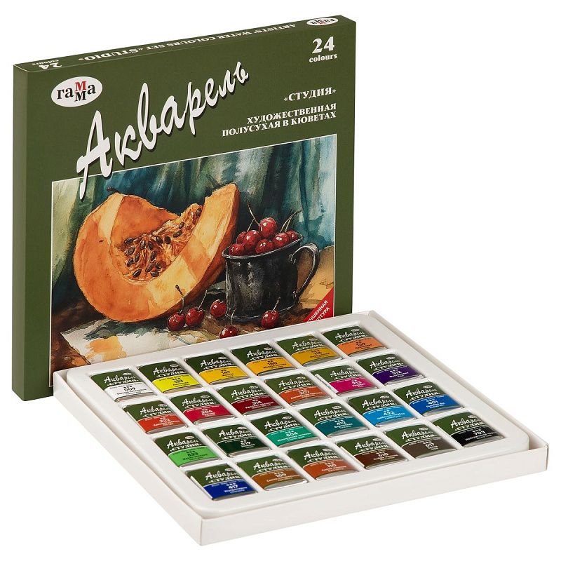 Акварель художественная Гамма "Студия", 24цв., кюветы, картон. упаковка