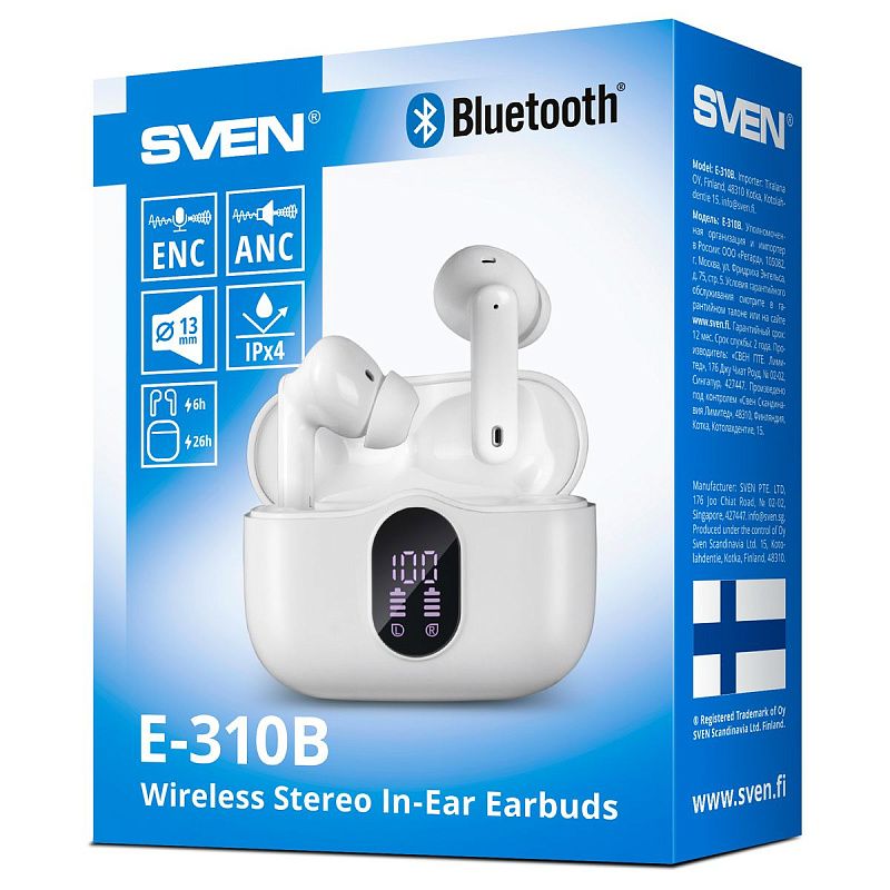 Наушники с микрофоном беспроводные Sven E-310B, TWS Bluetooth, разъем Type-C, белый