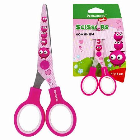 Ножницы BRAUBERG "Kid Series", 130 мм, розовые, с цветной печатью "Поросята", закругленные, 232272 