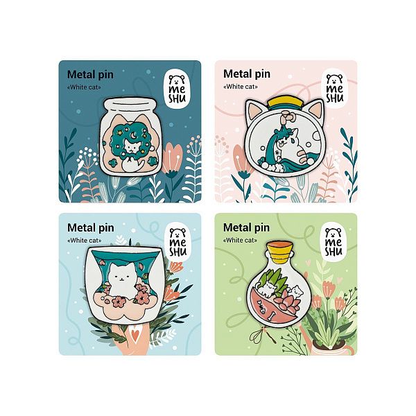 Набор металлических значков MESHU "White cats", эмаль, 4шт, картонная подложка, европодвес