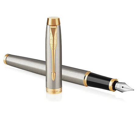 Ручка перьевая PARKER "IM Core Brushed Metal GT", серебристый матовый лак, позолота, синяя, 1931649