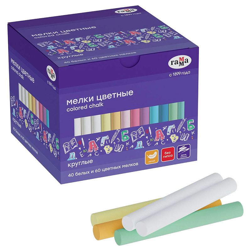 Мелки школьные Гамма, цветные, 100шт. (40шт. белых и 60шт. цветных), мягкие, круглые, картонная коробка 