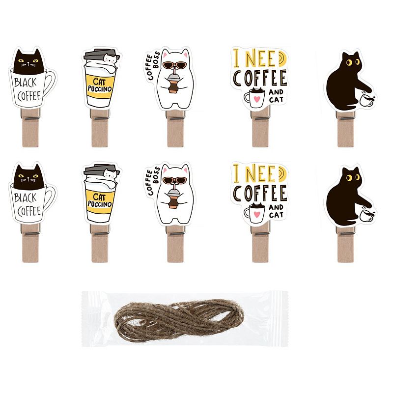 Зажимы для бумаг 7мм, MESHU "Right Cat", 10шт., деревянные, ассорти, опп пакет с европодвесом, веревка в комплекте