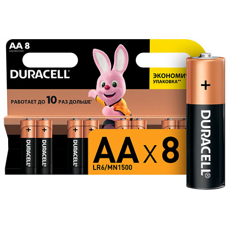 Батарейки КОМПЛЕКТ 8 шт., DURACELL Basic ОРИГИНАЛ, AA (LR6, 15А), алкалиновые, пальчиковые, C0033441