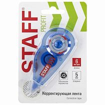 Корректирующая лента STAFF PROFIT, 5 мм х 6 м, механизм перемотки, корпус голубой, блистер, европодвес, 271254 Корректирующая лента STAFF PROFIT, 5 мм х 6 м, механизм перемотки, корпус голубой, блистер, европодвес, 271254