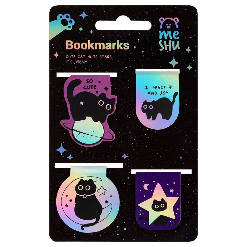 Закладки магнитные для книг, 4шт., MESHU "Кошачья вселенная", голографическая фольга 
