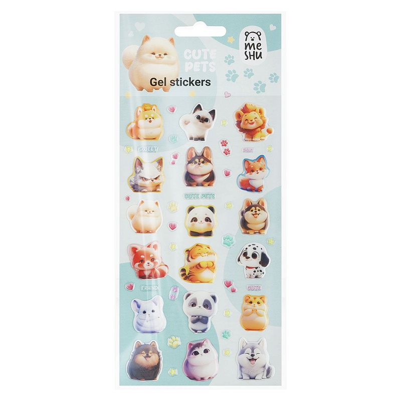 Наклейки гелевые MESHU  "Cute Pets" , 10*23см, инд. уп., европодвес