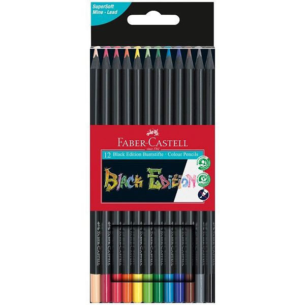 Карандаши цветные Faber-Castell "Black Edition", 12цв., трехгран., черное дерево, заточен., картон. Карандаши цветные Faber-Castell "Black Edition", 12цв., трехгран., черное дерево, заточен., картон.