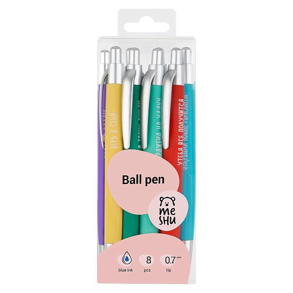 Набор шариковых автоматических ручек MESHU "Motivation" 8шт., синие, 0,7мм, корпус ассорти, ПВХ бокс с европодвесом