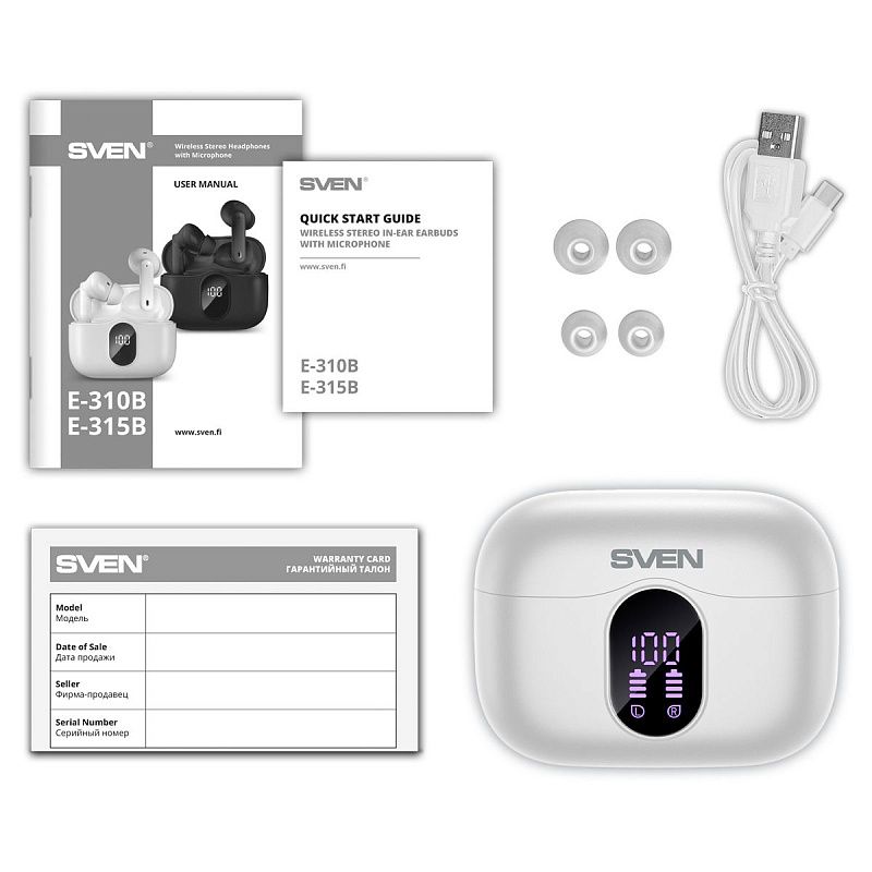 Наушники с микрофоном беспроводные Sven E-310B, TWS Bluetooth, разъем Type-C, белый
