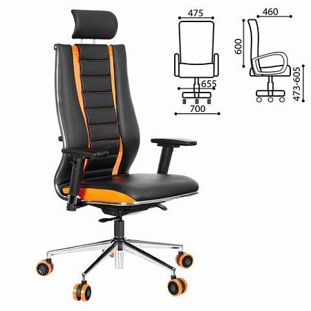 Кресло компьютерное МЕТТА "ErgoLife" 10 B2-160D, 2D-подголовник, экокожа/сетка, черное/оранжевое