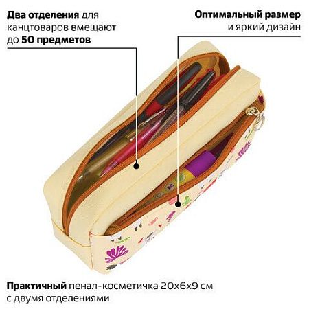 Пенал-косметичка ЮНЛАНДИЯ, 2 отделения, мягкий, "Ламы", бежевый, 20х6х9 см, 228981 