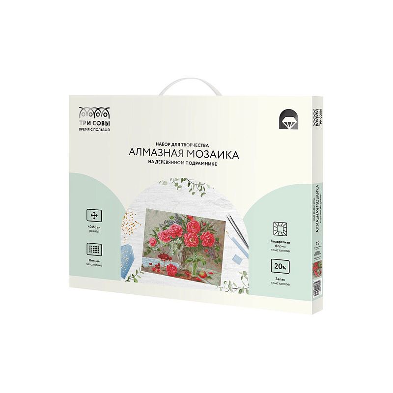 Алмазная мозаика ТРИ СОВЫ "Натюрморт с пионами", 40*50см, холст на деревянном подрамнике, картонная коробка с пластиковой ручкой