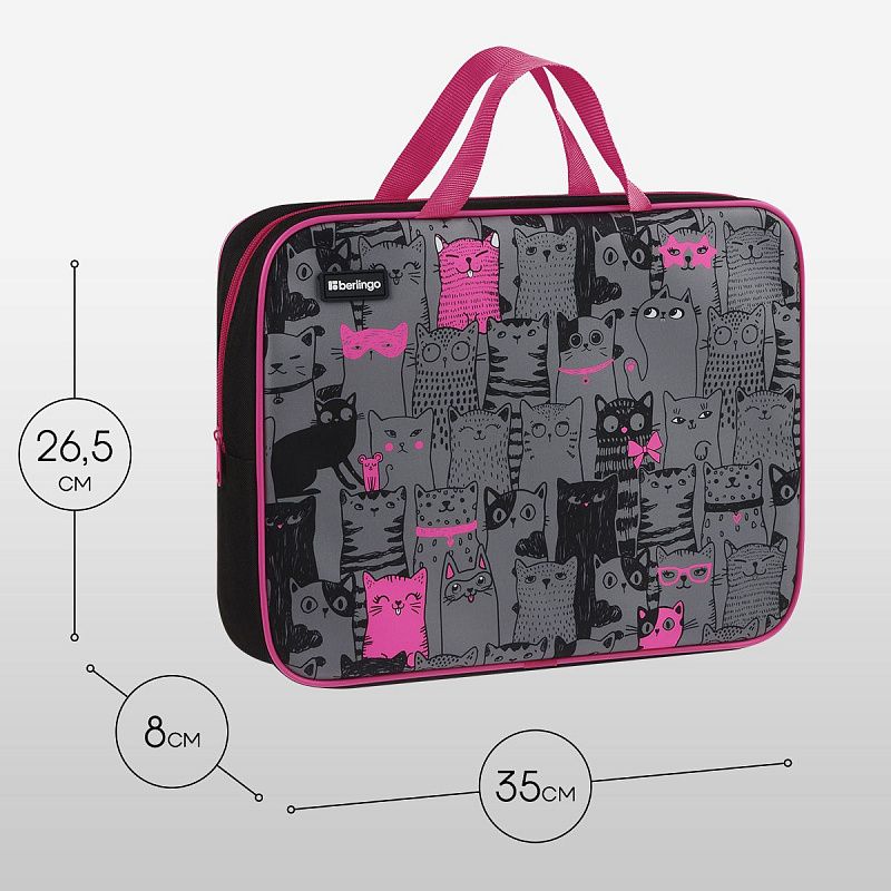 Папка текстильная с ручками 1 отделение, А4 Berlingo "Happy Cats", 350*265*80мм, текстиль, на молнии 