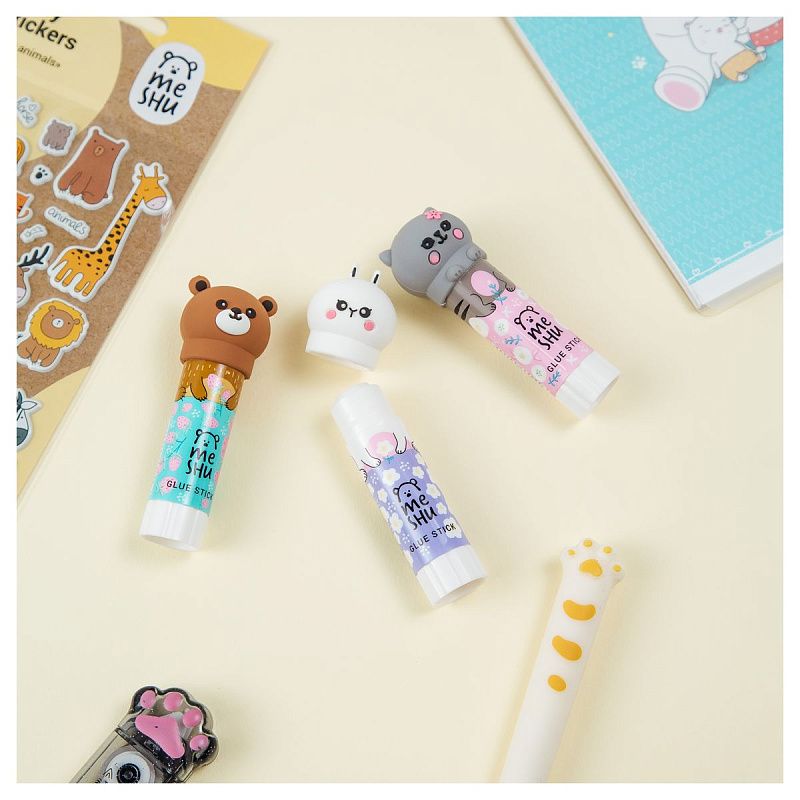Клей-карандаш MeShu с топпером "Animals" ассорти, 8г., дисплей бокс, ПВП
