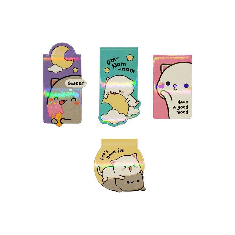 Закладки магнитные для книг, 4шт., MESHU "Cute kittens", ламинация с блестками 