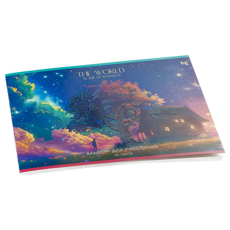 Альбом для рисования 32л., А4, на скрепке BG "Чудесный мир", блестки