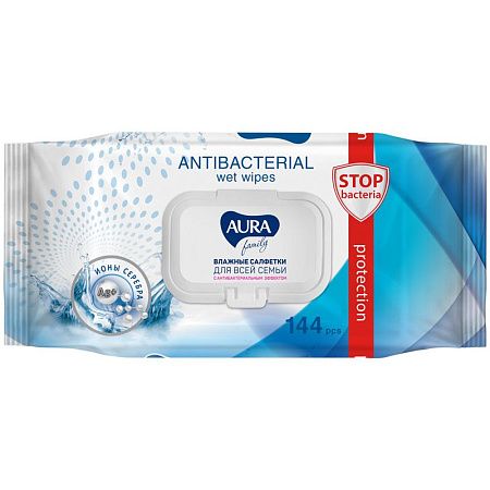 Салфетки влажные Aura "FAMILY", big-pack с крышкой, 15*14см, 144шт., антибактериальные 