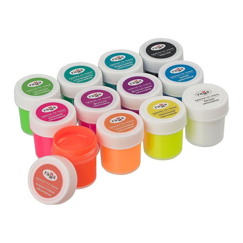 Краски по ткани акриловые Гамма "Хобби", 12 цветов., 20мл, неоновые цвета, картон. упаковка
