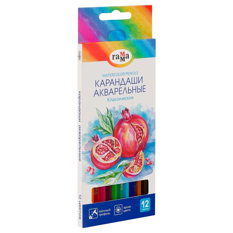 Карандаши акварельные Гамма "Классические", 12цв., шестигранные, заточен., картон. упак., европодвес